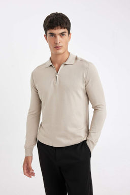 Kahverengi Standart Fit Normal Kesim Fermuarl? Polo Yaka Triko Kazak - Defacto фото 2