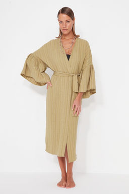 Haki Kusakl? Maxi Dokuma Volanl? Keten Kar?s?ml? Plaj Kimono&Kaftan TBESS23KM00028