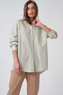 Рубашка оверсайз с длинным рукавом из хлопка в полоску на зеленом