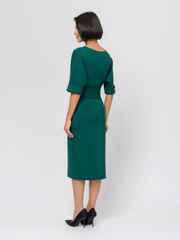 Платье изумрудного цвета длины миди с поясом и рукавами летучая мышь - 1001dress фото 3