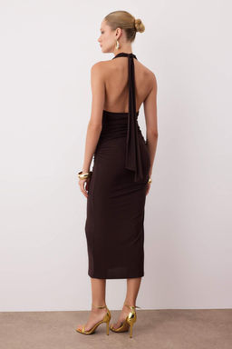 Kahverengi Aksesuar Detayl? Midi Kokteyl Elbise TPRAW26EL00076