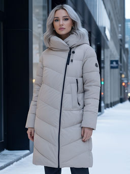 Пальто зимнее утепленное с капюшоном женское бежевого цвета 1318B