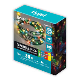 ULD-S3000-300/DGA MULTI IP20 DEW Гирлянда светодиодная "Роса", 30м. 300 светодиодов. Разноцветный свет. Провод зеленый. ТМ Uniel