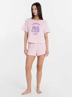 Комплект женский домашний лиловый с принтом и надписью "Lovely life" орхидея +печать 592536