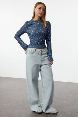 Indigo Bask?l? Fitted/Vucuda Oturan Burumcuk/Dokulu Esnek Orme Bluz TWOAW25BZ00111 - Trendyolmilla фото 2