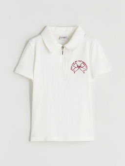 Polo Yaka Bask?l? K?z ?ocuk Ti??rt