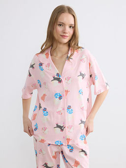 G?mlek Yaka Desenli Kad?n Pijama Tak?m