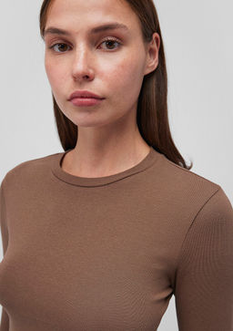 Uzun Kollu Kahverengi Basic Tisort - Mavi фото 5