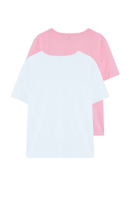 Pembe-beyaz %100 Pamuk Bisiklet Yaka 2li Paket Orme T-Shirt TWOSS20TS0141