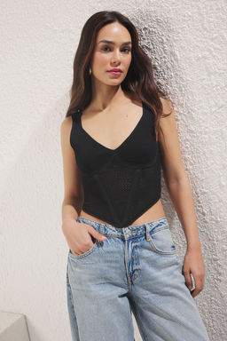 Trendyolmilla Siyah Ajurlu Fermuarl? Triko Ince Bluz TWOSS25BZ00460