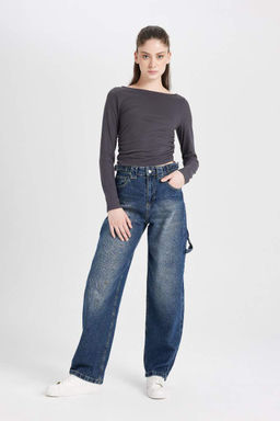 Женская базовая однотонная футболка с вырезом лодочкой антрацитового цвета и длинными рукавами - Defacto фото 2