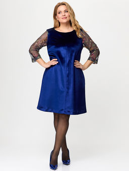 Платье из синего бархата с вышивкой на рукавах - Almond фото 5