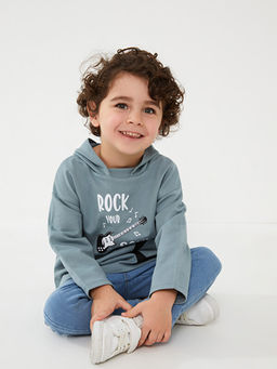 Uzun Kollu Bask?l? Erkek Bebek Hoodie