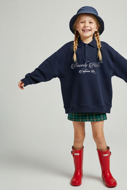 Lacivert 100% Pamuk Slogan Bask?l? Polo Yaka Oversize Orme K?z Cocuk Sweatshirt TKDAW26SW00009