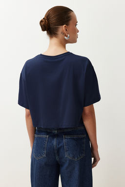 Lacivert-Fusya 2li Paket %100 Pamuk Relax/Rahat Kesim Crop Orme T-Shirt TWOSS24TS00224