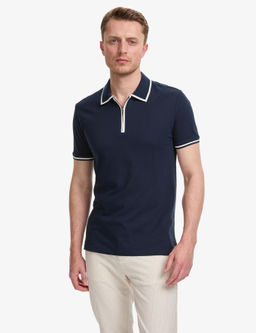Lacivert Slim Fit %100 Pamuk Fermuarl_ Polo Yaka Ti__rt