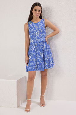 TRENDYOLMILLA Mavi Bask?l? Burumcuk S?f?r Kol Bisiklet Yaka Balon Etekli Mini Orme Elbise TWOSS25EL00219  фото 7