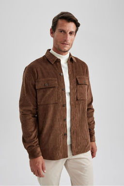 Вельветовая куртка-рубашка стандартного кроя с воротником-поло и длинными рукавами - Defacto фото 6