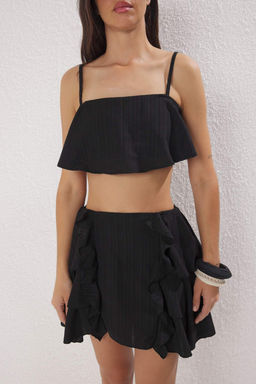 Siyah Dokuma F?rf?rl? %100 Pamuk Plaj Bluz-Etek Tak?m TBESS25AU00106