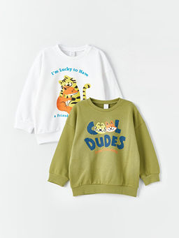Bask?l? Uzun Kollu Erkek Bebek Sweatshirt 2li