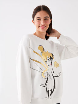 Bisiklet Yaka Tinker Bell Bask?l? Uzun Kollu Oversize Kad?n Sweatshirt
