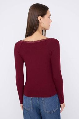 Teen Siyah Havuz Yaka Dugmeli Dantel Detayl? Vucuda Oturan Esnek Orme Bluz TWOAW26BZ00106 - Trendyolmilla фото 8