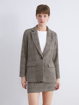 V Yaka Ekose Kad?n Ka?e Blazer Ceket