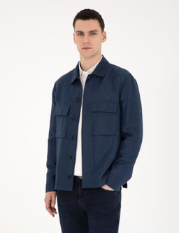 Lacivert Regular Fit Keten Kar___ml_ D__meli Ceket