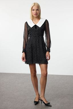 Trendyolmilla Siyah Yaka Detayl? Fiyonklu Sifon Mini Dokuma Elbise TWOAW25EL00386