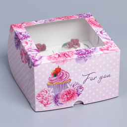 Цена за 5 шт. Коробка для капкейков, кондитерская упаковка с окном, 4 ячейки «Пионы», 16 х 16 х 10 см