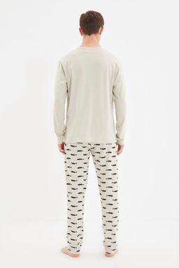 TRENDYOL MAN Bej Regular Fit Bask?l? Orme %100 Pamuk Pijama Tak?m? TMNAW22PT1069 - Trendyolmilla фото 6