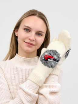 Варежки женские Снегирь в круглом окошке КРУГ 3453-2 - Рассказовские варежки фото 2
