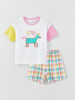 Bisiklet Yaka Bask?l? K?sa Kollu K?z ?ocuk ?ortlu Pijama Tak?m?