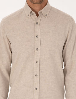Bej Flanel Dokulu Slim Fit Uzun Kollu G_mlek