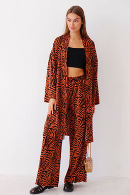 9338 Костюм из кимоно и брюк-палаццо терракотовый с принтом