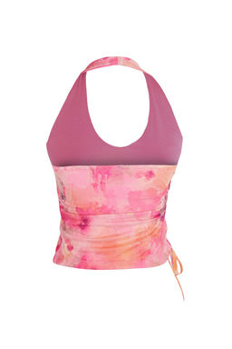 Pembe Soyut Desenli Boyundan Baglamal? Buzgu/Drape Detayl? Vucuda Oturan Orme Bluz TWOSS24BZ00630