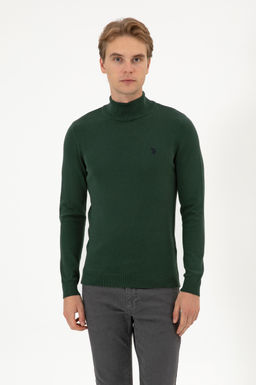 Erkek Slim Fit Bo_azl_ Koyu Ye_il Basic Kazak