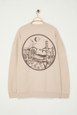 Bej B_y_k Beden Bisiklet Yaka Oversize/Geni_ Kesim S_rt Bask_l_ __i Polar Sweatshirt TMNAW24AO00004