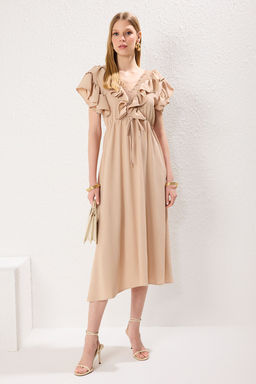 Bej A Kesim Volanl? Dokuma Elbise Dokuma Elbise TWOSS24EL01053