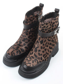 04-HSM705 BLACK/LEOPARD Ботинки зимние женские (натуральная кожа, натуральный мех)
