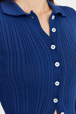 Lacivert Merserize Gorunumlu Fitilli Polo Yaka Triko H?rka TWOAW20HI0070