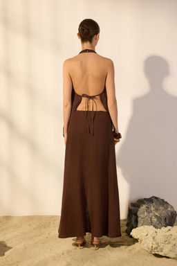 Trendyolmilla Kahverengi %100 Keten Dugme Detayl? Midi Etek TWOSS25ET00144 фото 4