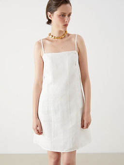 Kare Yaka %100 Keten Mini Elbise