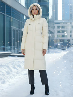 Пальто утепленное стеганное зимнее с капюшоном женское светло-бежевого цвета 9636_1SB - Mtforce фото 20