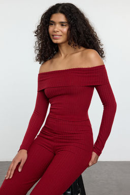 Trendyolmilla Bordo Carmen Yaka Vucuda Oturan Esnek Fitilli Orme Bluz TWOAW25BZ00313  фото 6