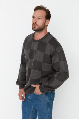 TRENDYOL MAN Lacivert Erkek Oversize Bisiklet Yaka Ekose / Kareli Triko Kazak TMNAW23KZ00279 - Trendyolmilla фото 5
