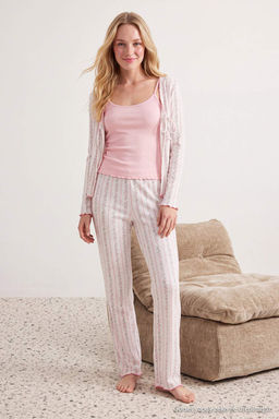 Beyaz-Pembe 3l_ %100 Pamuklu Fitilli/Pointel _i_ekli _rme Pijama Tak_m_ THMAW27PT00019 - Trendyolmilla фото 3