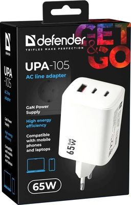 Зарядное устройство сетевое Defender "UPA-105" (83265) 65Вт, 1 USB, 2 Type-C, с технологией GaN, белое