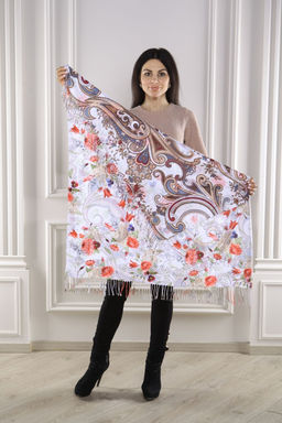 Платок на голову, с цветами и кистями MAGROM, белый, 105 х 105 см, из 100% пашмины