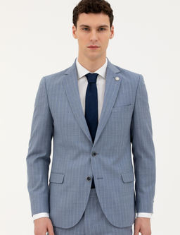 Koyu Mavi Ex. Slim Fit %100 Y_n _izgili Tak_m Elbise